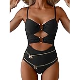 Aidonger One Piece Swimsuit for Women Cutout Ring Linked Monokini Bathing Suit Sexy Belt Chain Swimwear