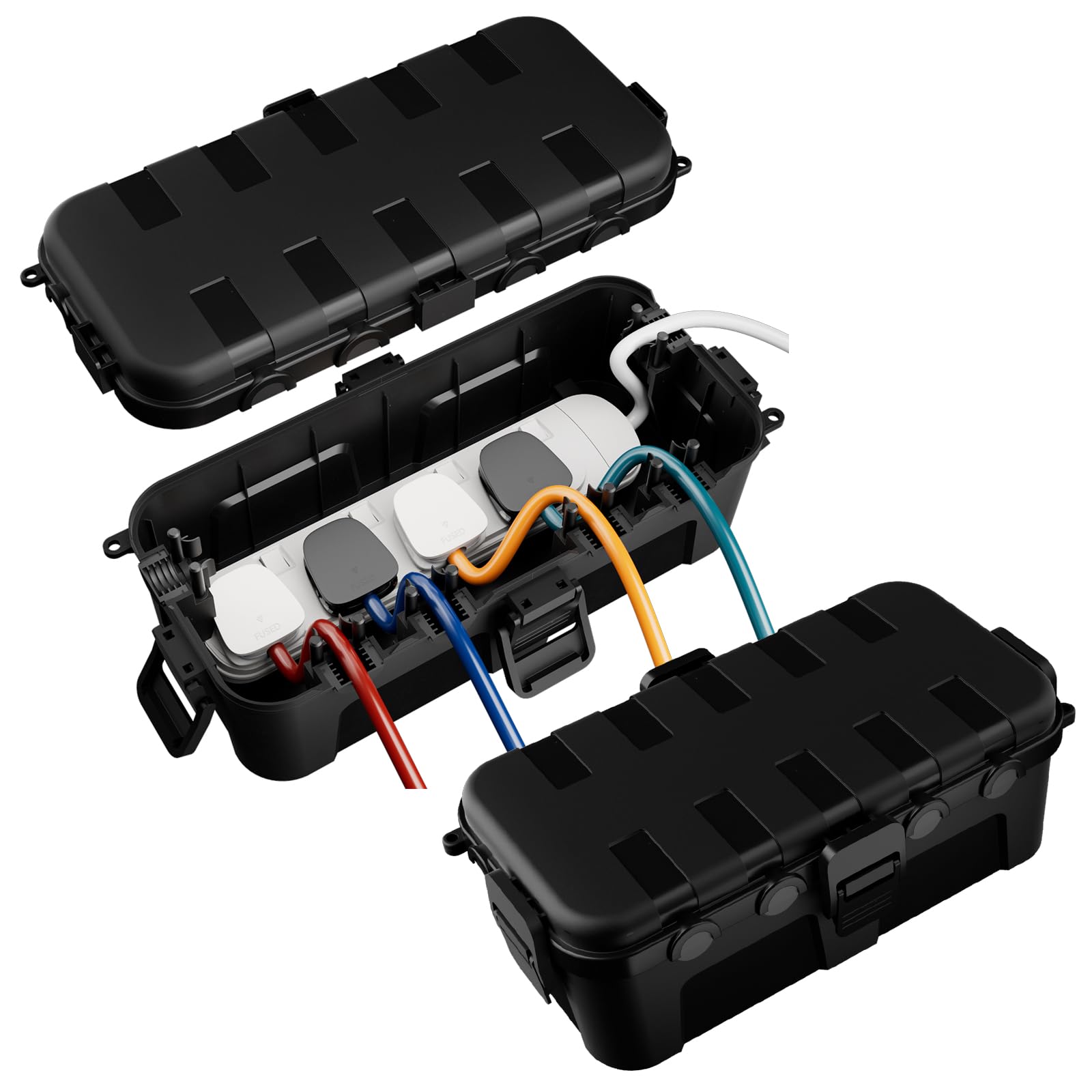 [2 PACK] RESTMO Outdoor Waterproof Box (29 × 13.2 × 10cm), IP54 Weatherproof Electrical Box for Multi Plug Extension Lead, Protect Outlet, Plug, Christmas String Lights from Water, Snow, Dust, Black