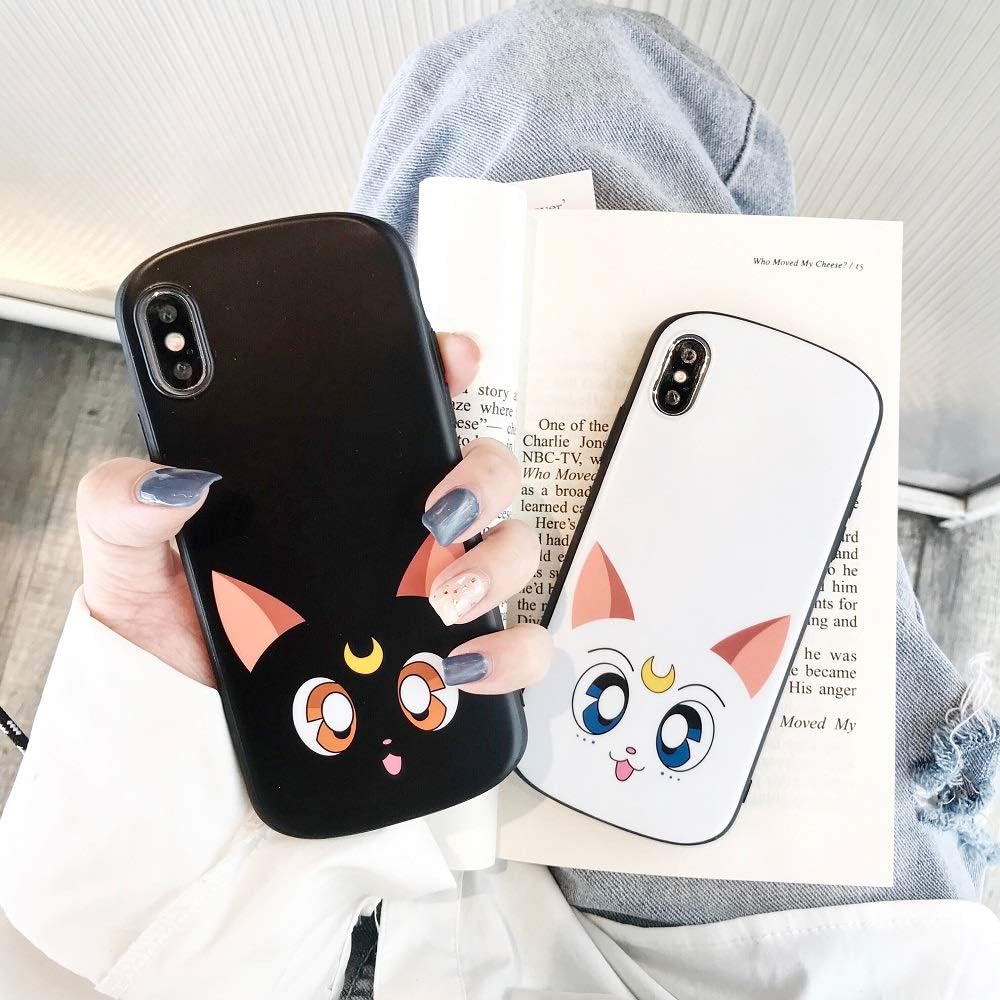 1 PC Cartoon Arc Funny Luna Cat Phone Case for iPhone 6 6S Plus 7 8 Plus X XR XS Max Cute Sailor Moon Lovely Girl Animal Back Cover (Black, iPhone Xs max)