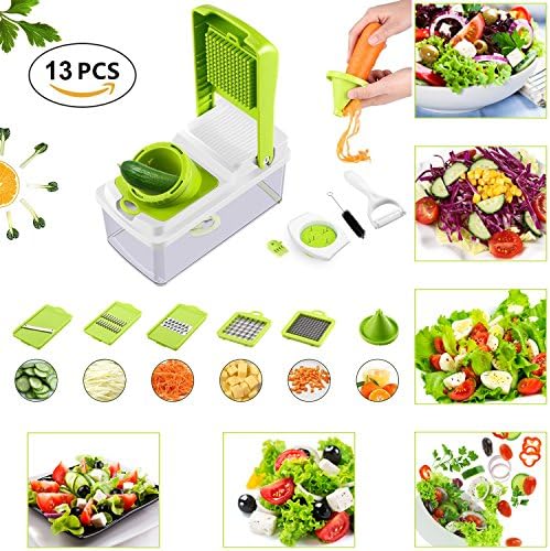 Vegetable Slicer 13 In 1 Mandoline Slicer Cutter Set 8 Blades Veggie Fruits Pasta Cheese Chopper Peeler Julienne Grater Dicer Lemon Squeezer With Cleaning Tool Hand Protector Container No Dishwasher