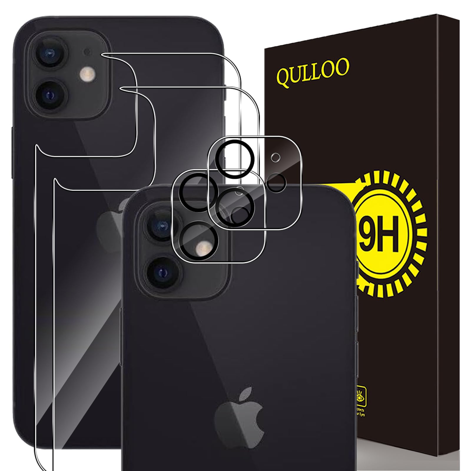 QULLOO Back Screen Protector for iPhone 12 + Camera Lens Glass Protector for iPhone 12 [9H Hardness Temepred Glass Back Protector Film] - 4 Pieces