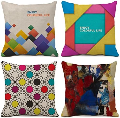 Colorful Geometry Decorative Throw Pillow Covers Cotton Linen Square Cushion Covers Set of 4 Geometry Pillow Cases for Sofa Couch Home Decor 20 X 20 Inch