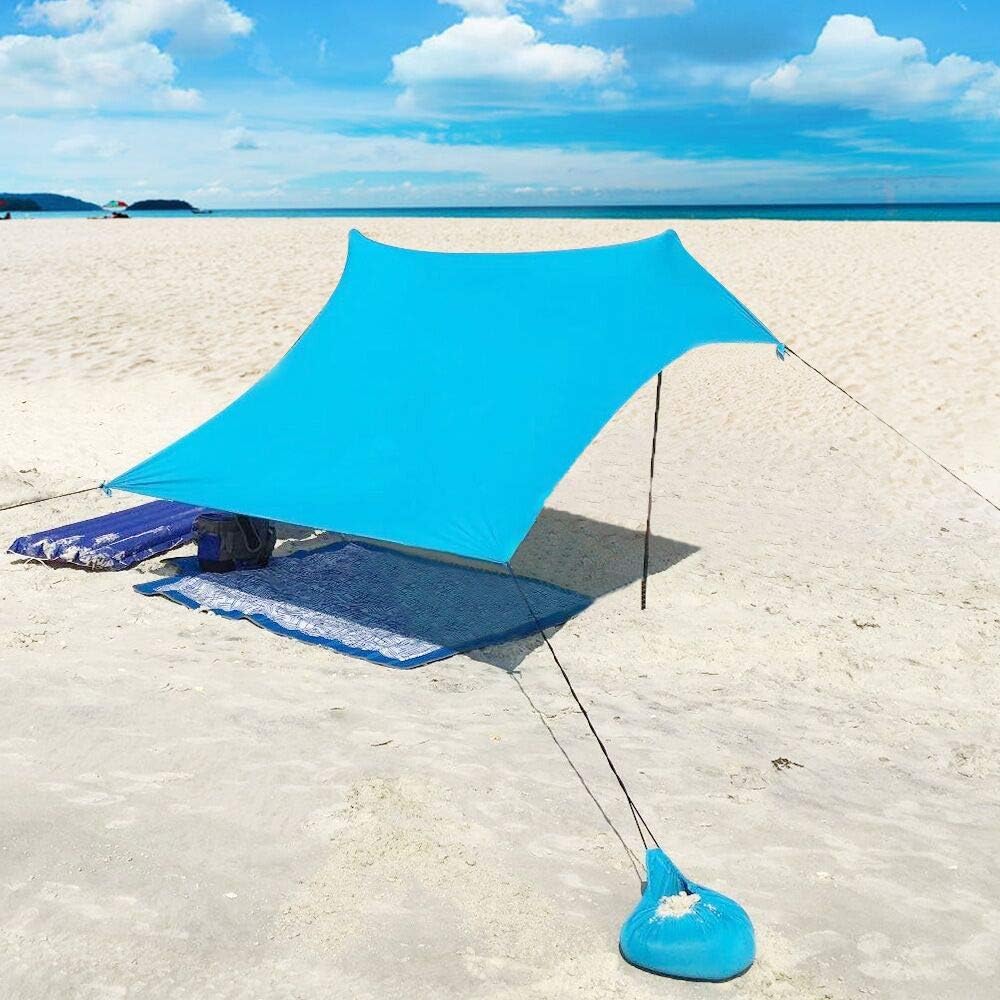 XISHUAI Beach Tent 4 person with sandbag anchors, Portable Lightweight 100% lycra SunShelter with UV protection Waterproof 85 x 85'' Canopy SunShade Camping Sun Shelter Awning Included Poles