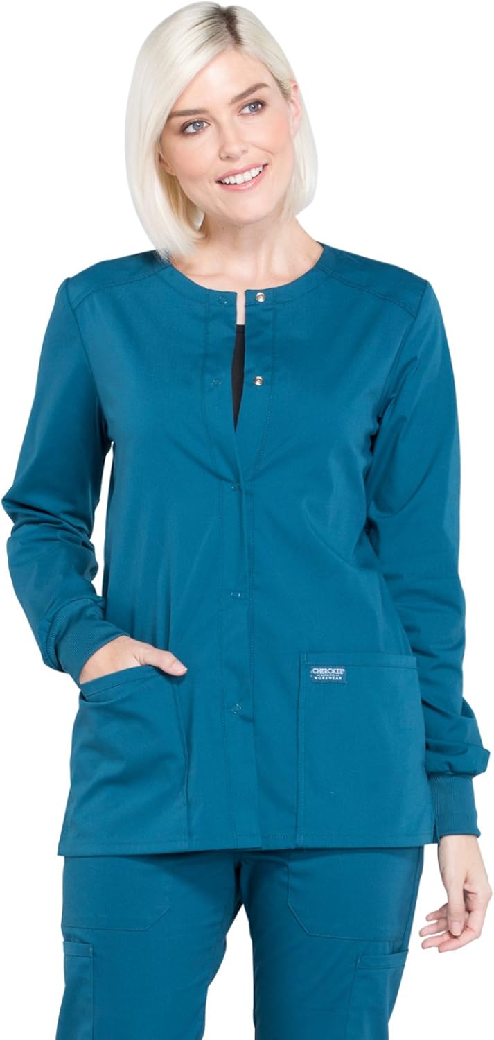 Amazon.com: Cherokee Workwear Professionals Snap Front Warm-up Scrub Jacket, 3XL, Caribbean Blue 