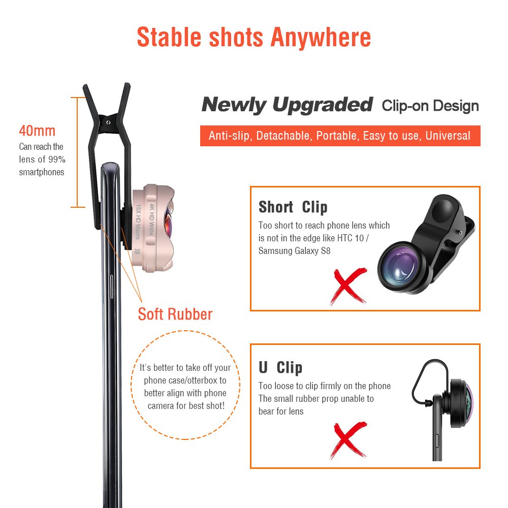 iPhone Lenses Kit - Universal 2 in 1 120°Wide Angle Lens & 15X Macro Lens, Cell Phone Camera Lens for iPhone 7/7 Plus/6s/6s Plus/6/5, Samsung Galaxy & More, Buy 1 Get 1 Free (Rose Gold)