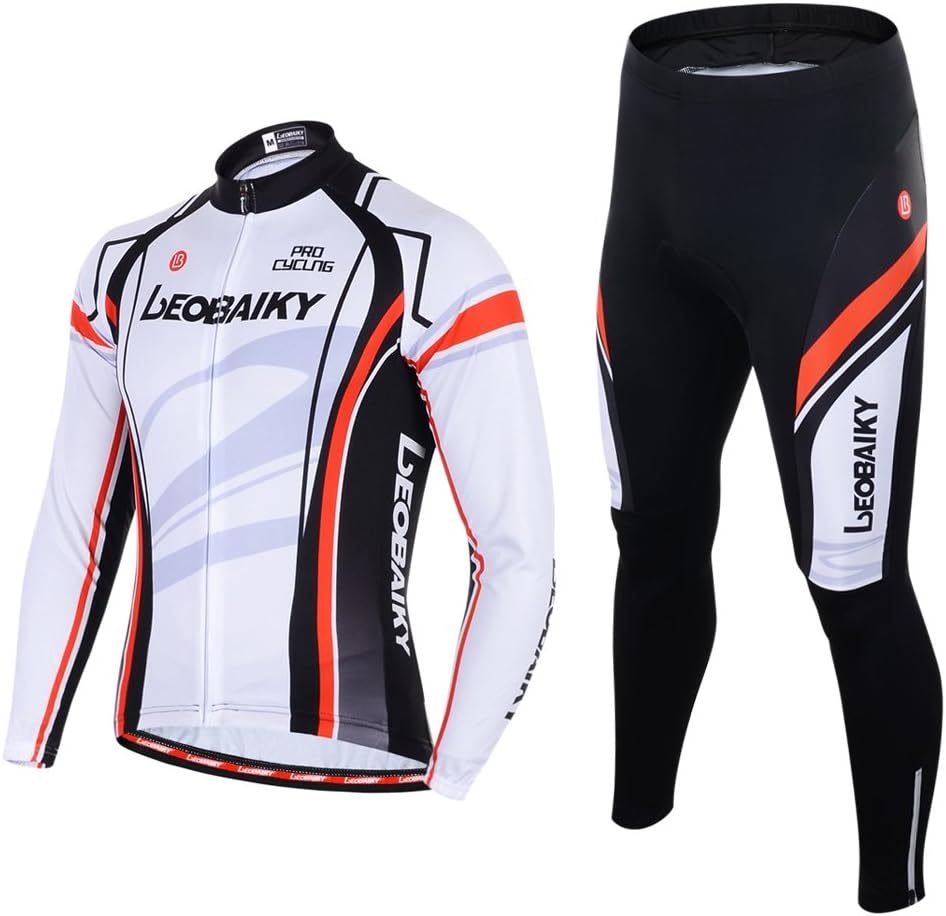 Leobaiky Spring Autumn Winter Mens Cycling Clothing Set Sportswear Suit 0utdoor Sports Bicycle Bike Long-Sleeved Cycling Jerseys Pants (US XXL(Asia 3XL), White 02-Fleece)