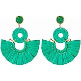 Viva Joya Large Boho Raffia Fan Tassel Drop Dangle Earrings for Women, Handmade Lightweight Woven Beach Statement Jewelry