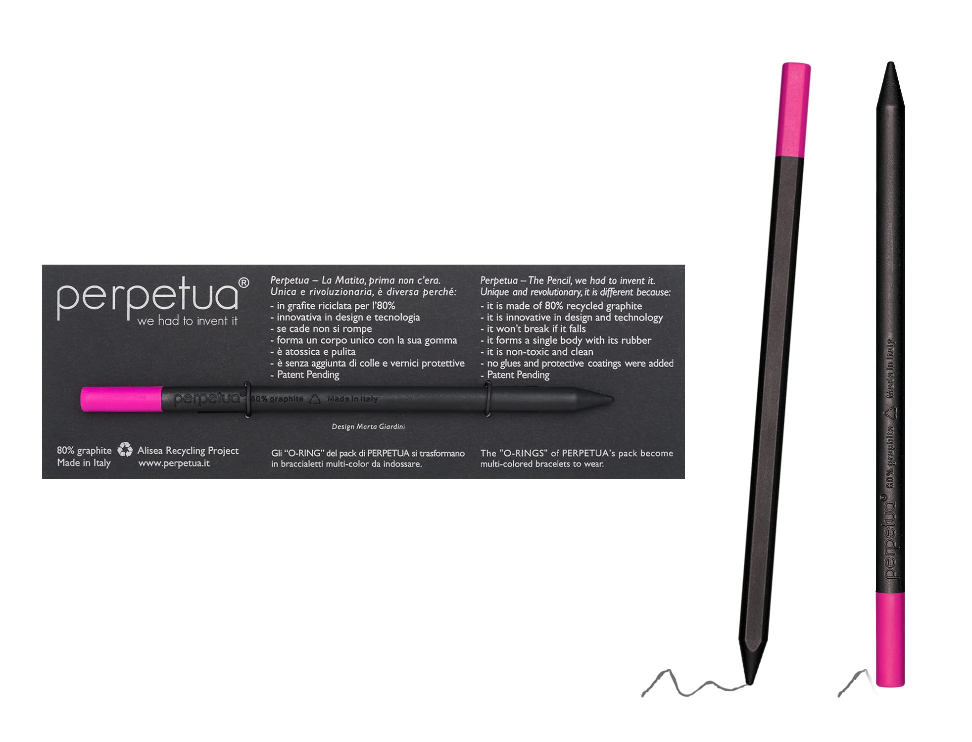 Perpetua Eco Drawing Sketching Pencil Fuchsia Eraser - Artist Recycled Graphite Pencil With Non-Toxic Rubbers Erasers - Made In Italy Design And Technology For Writing And Drawing