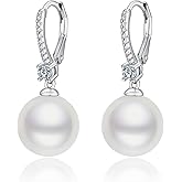 Lipernulo Freshwater Pearl Hoop Earrings, 8-10mm 925 Sterling Silver Cultured Pearls Drop Dangle Earrings with Cubic Zirconia, Wedding Anniversary Jewelry Gifts for Women