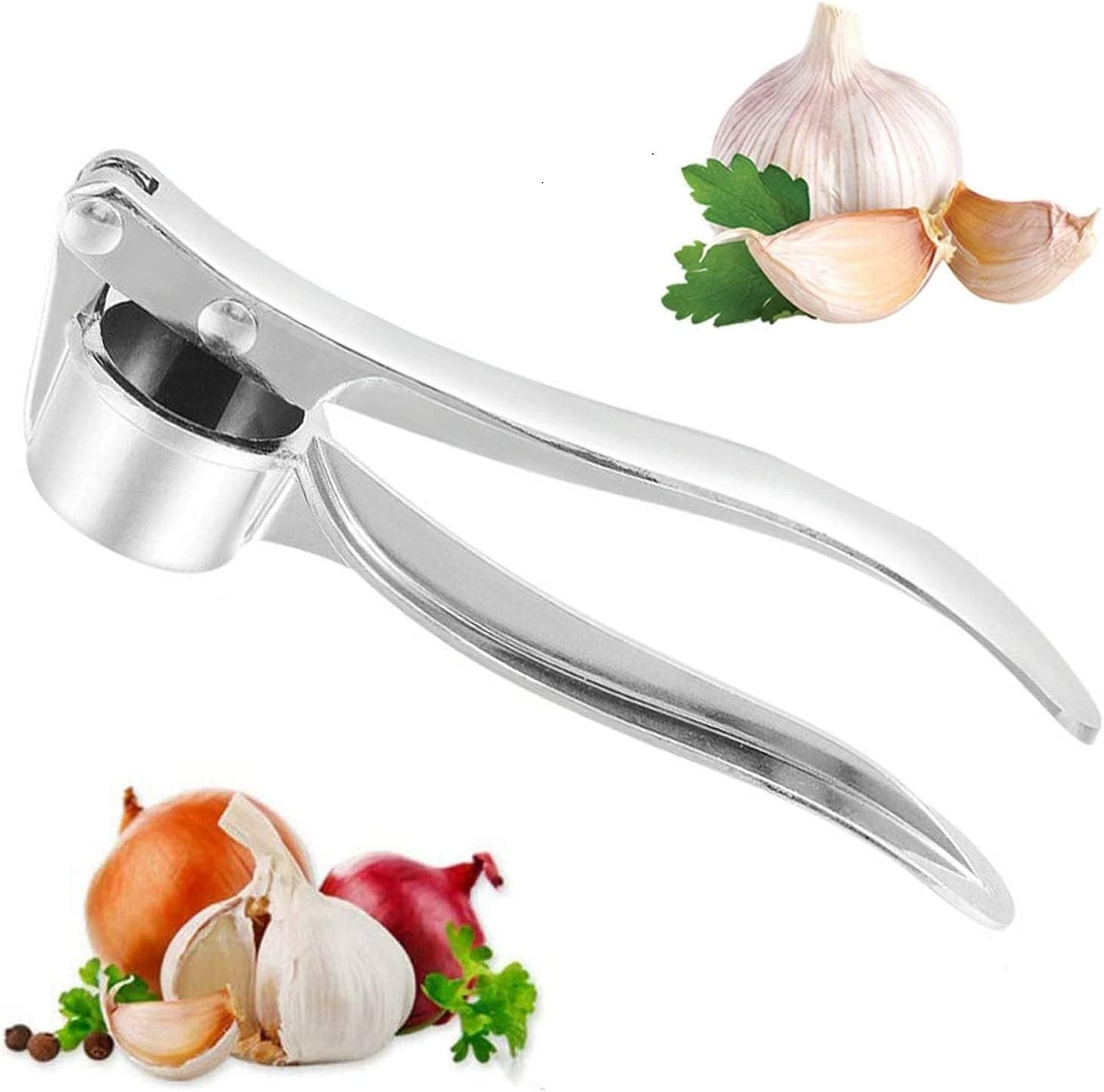 ZUKHRUF Stainless Steel Garlic Press, Mincer Ginger Crusher Easy-Squeeze Ergonomic Handle, Heavy Duty Stainless Steel Garlic Presser Dishwasher Safe Easy to Clean