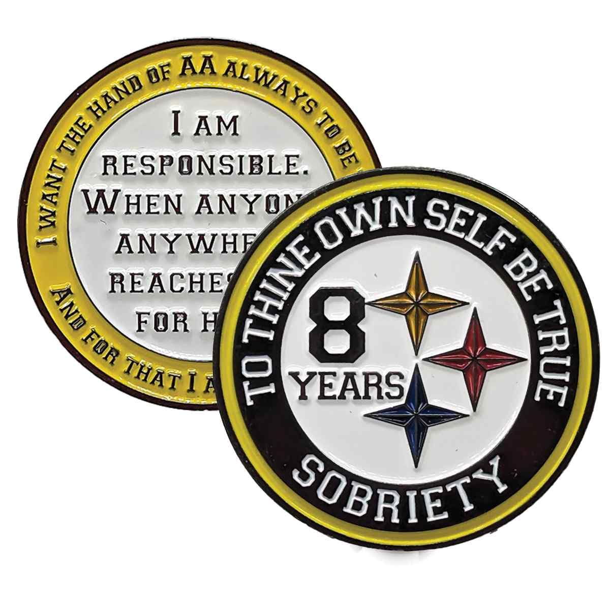 "Black and Gold Recovery Medallion in Years 1-50 with Alcoholics Anonymous Responsibility Pledge " (Year 8)