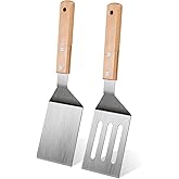 Stainless Steel Spatula Set, 2 Pcs Metal Spatulas for Kitchen Use, Professional Metal Spatula for Cast Iron Skillet with Wooden Handle, Ideal Choice for Making Desserts, Pancakes, Eggs, and BBQ