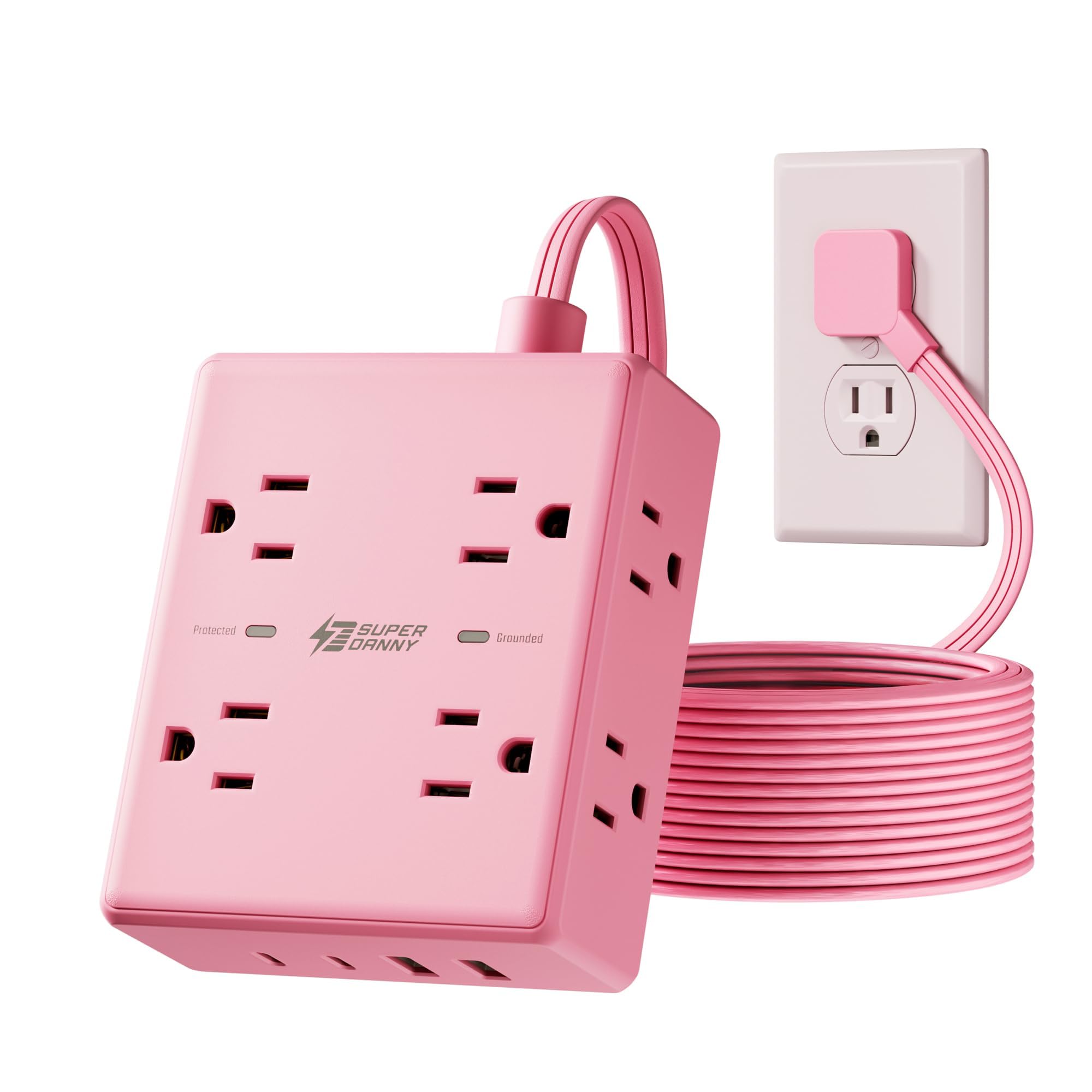 Photo 1 of Pink Extension Cord 10Ft, Flat Plug Surge Protector Power Strip, 8 Outlets & 4 USB Ports (2 USB C), Cute Stuff Pink Room Decor, Home Office Kawaii Desk Accessories for Girls