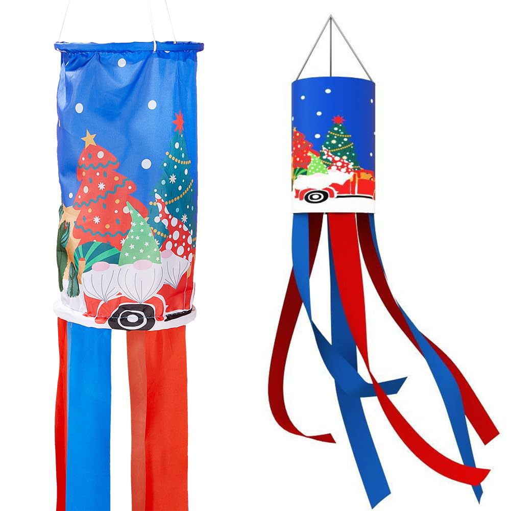 GORGECRAFT 51 Inch Christmas Theme Windsock Flag Santa Claus Tree Streamer Flags 3D Blue Polyester Winter Wind Sock Outdoor Hanging Decorations for Garden Yard Patio Lawn Xmas Holiday Party Decor
