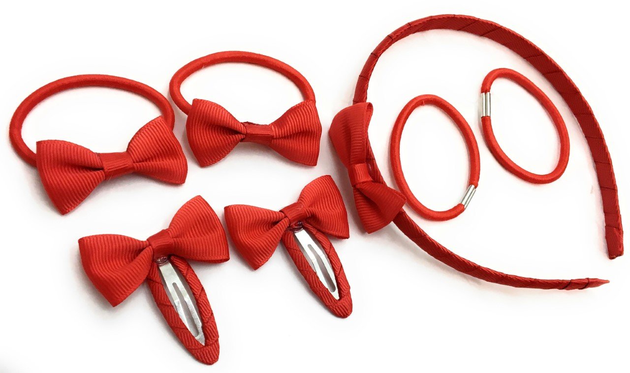 7 PIECE SCHOOL COLOURS Hair Bow Snap Clips SET ALICE BAND PONIOS PonyTail Holder Headband - Red