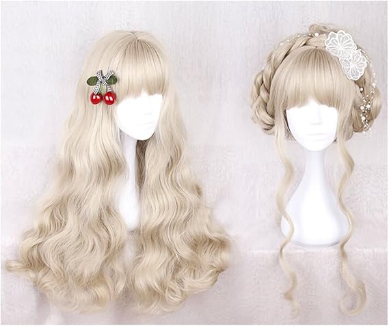 Amazon Co Jp 耐熱ウィッグ かつらふんわり天然萌えロマンチックライト金色巻ロングヘアwig萌え娘ロリータlolita風 日常原宿風gal 系渋谷系コスプレコスチューム変装可愛いwig小顔効果もある 服 ファッション小物
