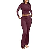ANRABESS Women 2 Piece Outfits Fall Lounge Sets Long Sleeve Cropped Top Fold Over Flare Pants Comfy Pajamas Set Y2K Clothes