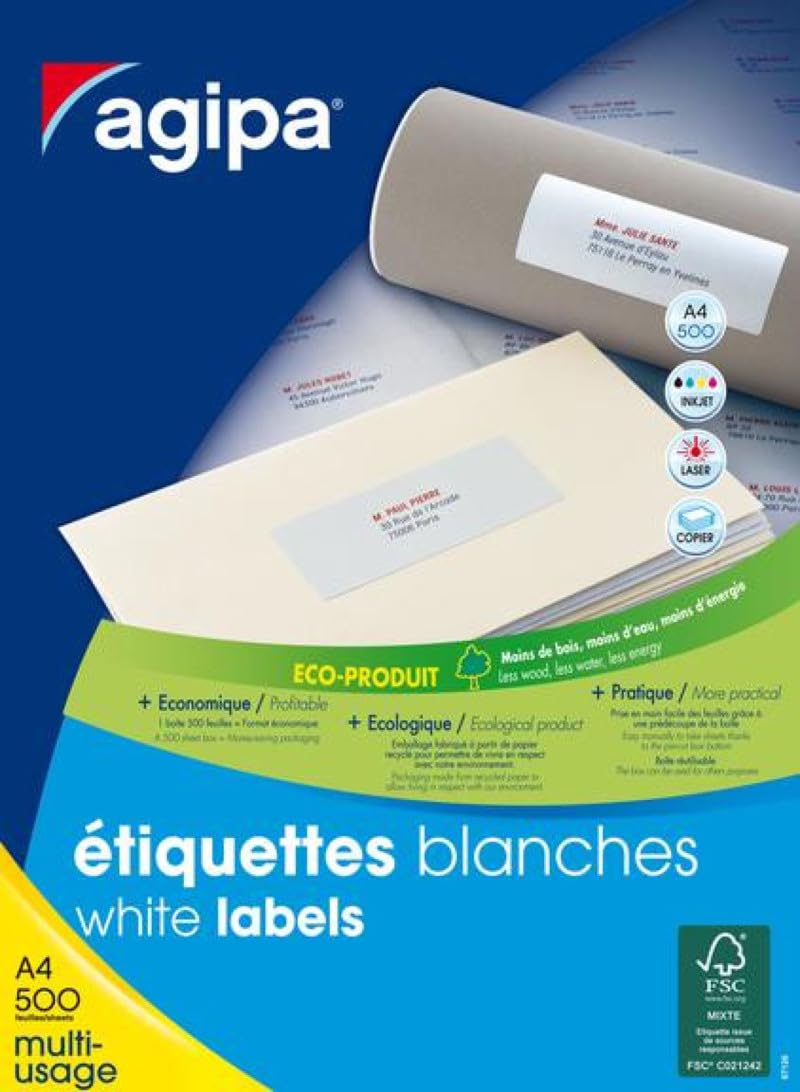 Agipa 100806 Multi-Purpose Labels Straight Corners 210 x 148.5 mm Pack of 1000 White