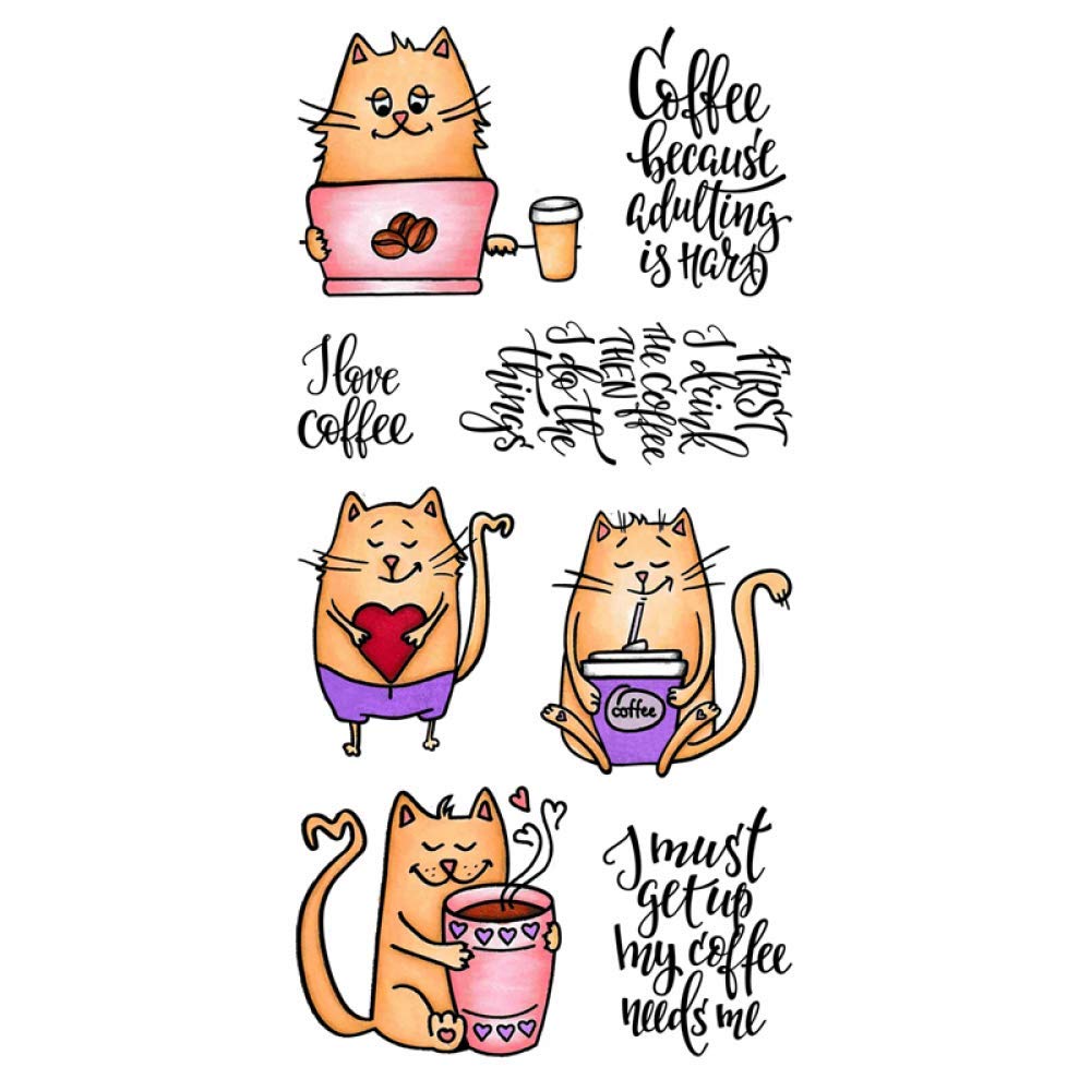 Animal Cats Mice Drinking Coffee Dies and Stamp Sets for Card Making Coffee Words Pharse Clear Rubber Stamps for DIY Scrapbooking Embossing Stencils Die Cuts Template Mould Handamde Crafts Arts Craft