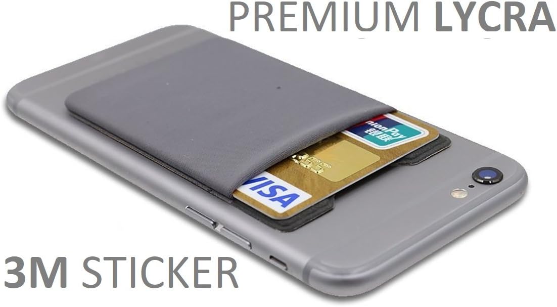 Cell phone credit card holder. Stretches up to 6 cards. Ideal for headphones and keys. Premium 3M adhesive. Lycra. Phone case friendly. Stick card holder. Samsung & IPhone (Grey)
