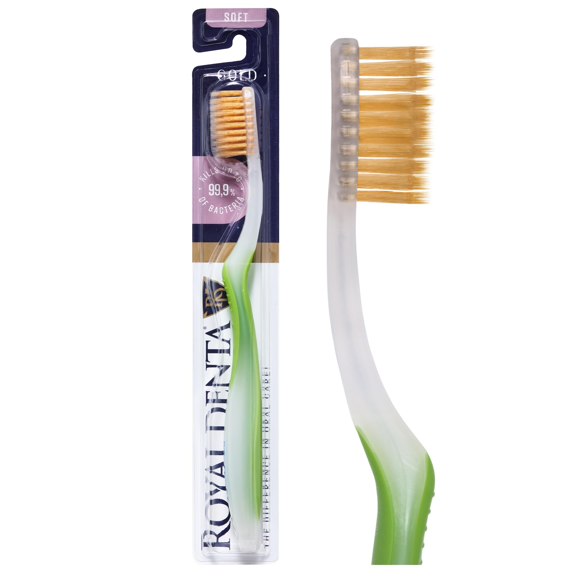 Royal Denta Soft Toothbrush for Adults, Dual Length Soft Bristles for Sensitive Teeth & Gums, Gold Infused Manual Toothbrush for Whitening, Flossing and Braces, Ergonomic Grip Handle (Green)