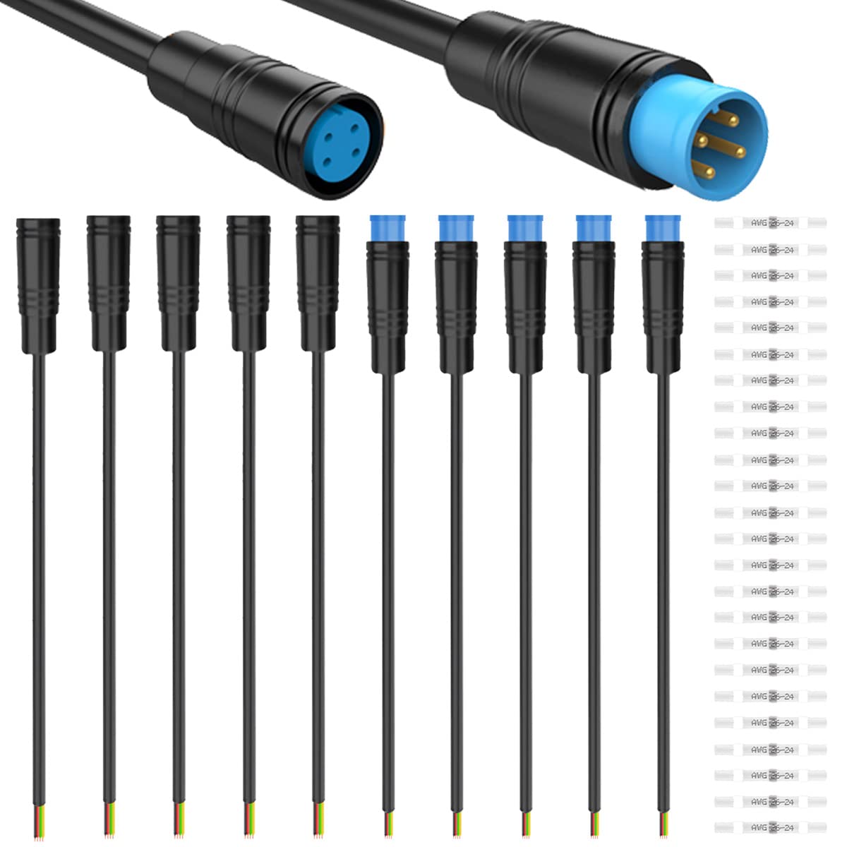 Xiatiaosann 5 Pairs Waterproof Julet 4 Pin Connector Ebike Extension Cable - 20cm Female & Male Plug Wire for Electric Bicycle Light, Throttle, Ebrake, DIY Bike Projects, with 20 Pcs Heat Shrink Tube