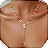 Women's Gold Virgin Mary Necklace - 14k Gold Plated Rosary Bead Cross Necklaces,Hypoallergenic Non Tarnish Gold Catholic Y Chain Necklace,Religious Rosary Beads Crucifix Necklaces Jewelry Gift for Her