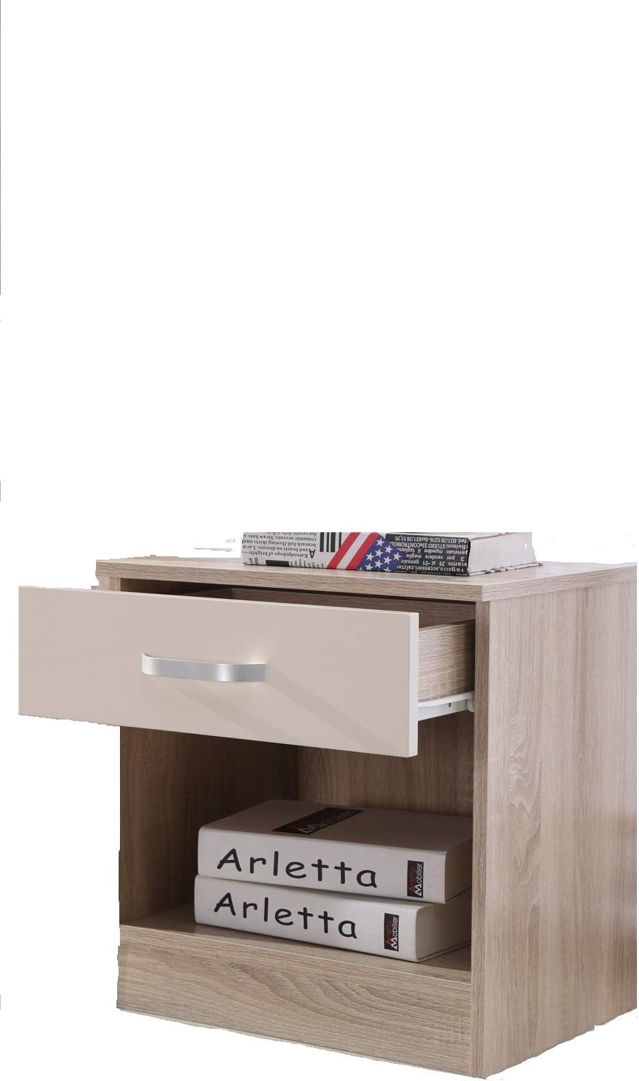 Fairpak Gladini High Gloss 1 Drawer Bedside Cabinet (Cream/Oak)
