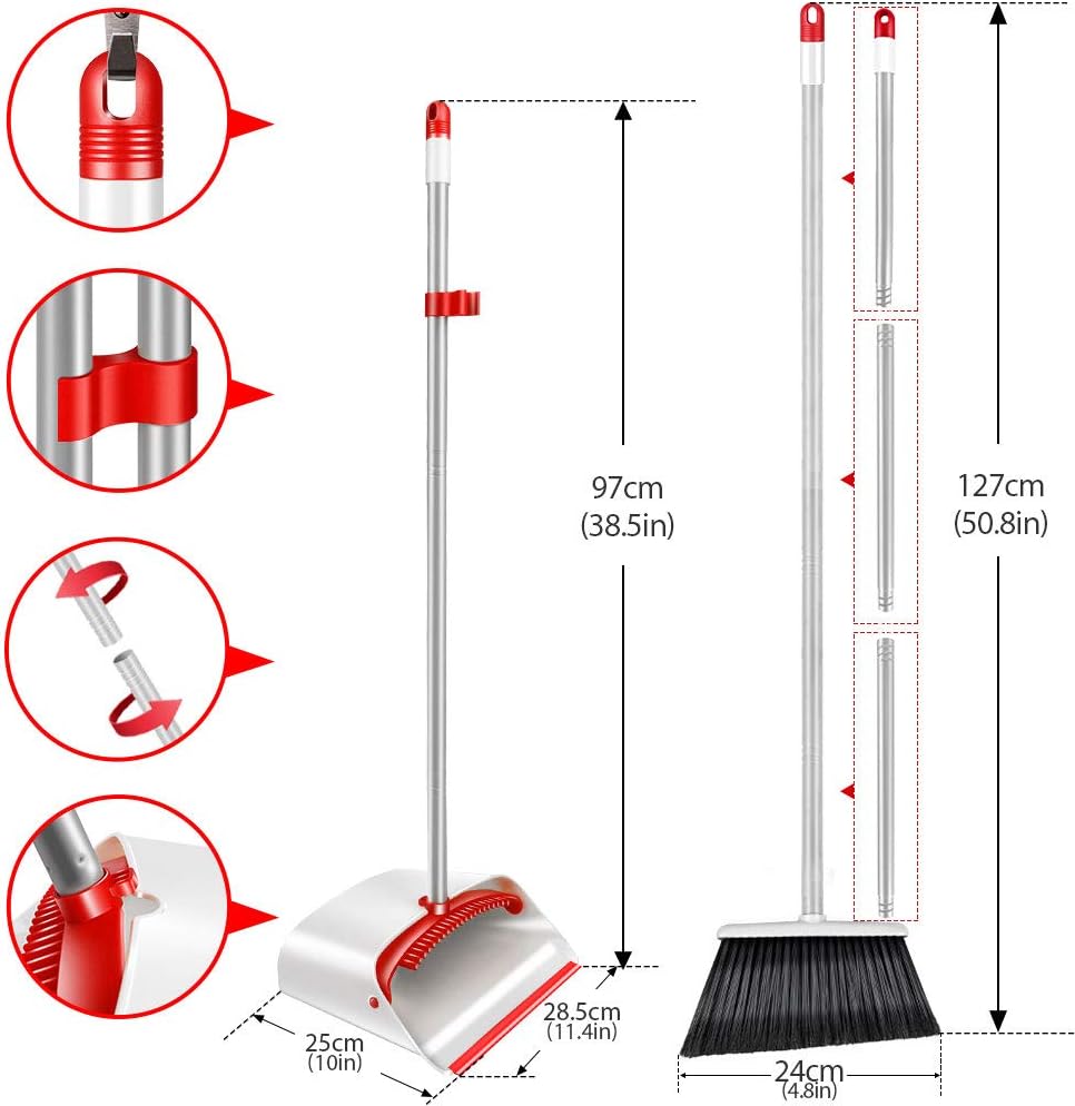Upright Broom and Dustpan Set with 52" Long Handle Easy to Store Dust Pan Broom with Comb Household Cleaning Supplies Easy to Assemble for Home Kitchen Room Office Outdoor Indoor: Garden & Outdoor