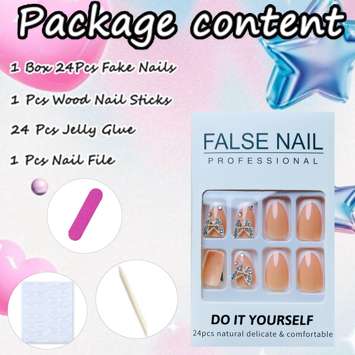 24pcs Short Press-on Nails: Square French Tip with Charms, Butterfly Designs, White Tips, Full Cover Glue-on Nails for Women's Finger Manicure - Image 6