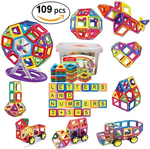 109 Pcs Magnetic Building Blocks set for girls boys Childrens Educational Toys Preschool Learning Game Letters and Numbers Magnetic Tiles Play Construction with Building Magnet for Kids by White Leon