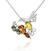AMBEDORA Women's Necklace Hummingbird, Polished Sterling Silver, Colorful Baltic Amber, Silver Pendant on Chain, Gift Set