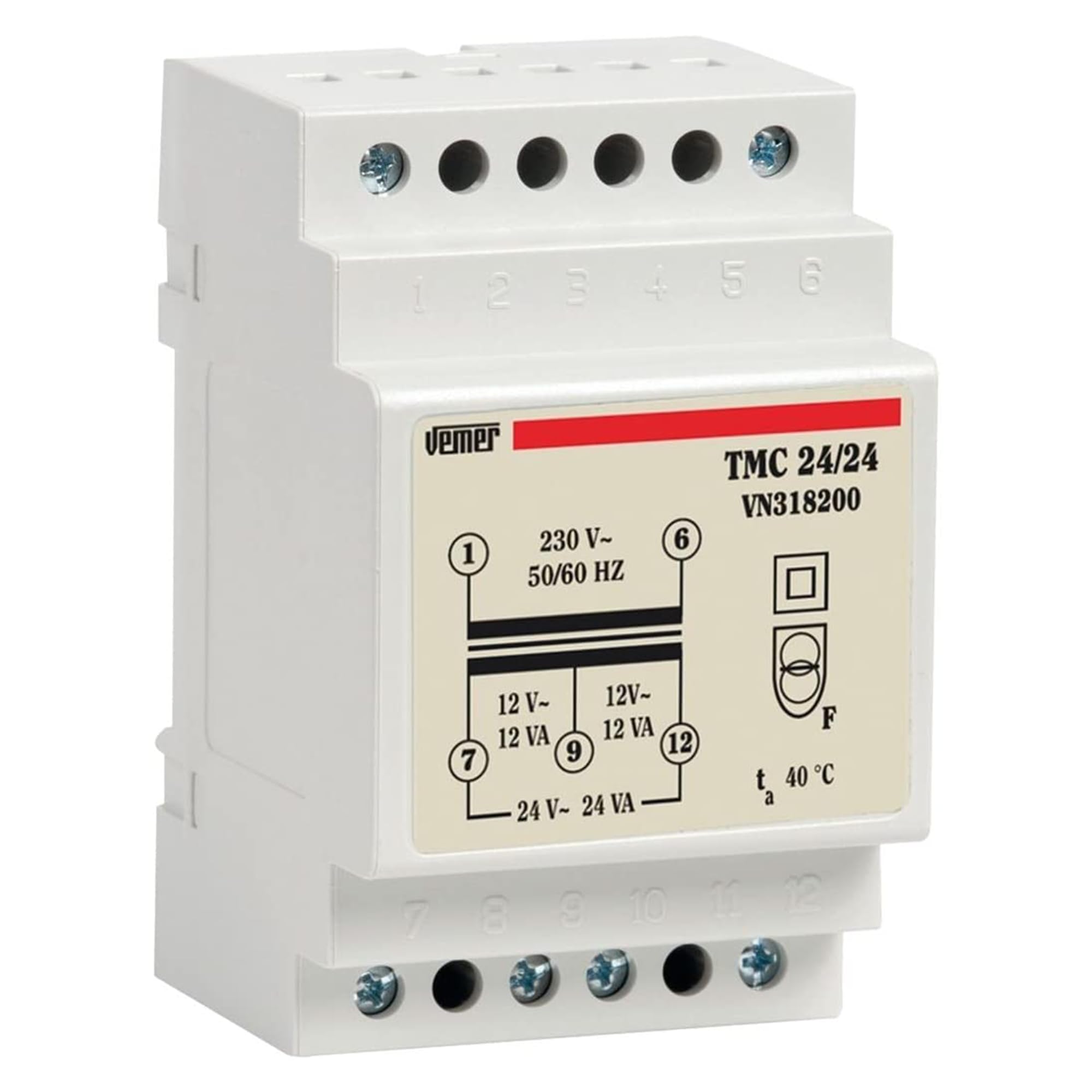 VEMER VN318200 model TMC 24/24 DIN-rail mounting safety transformer for continuous service 230V/12-24V. Color Grey