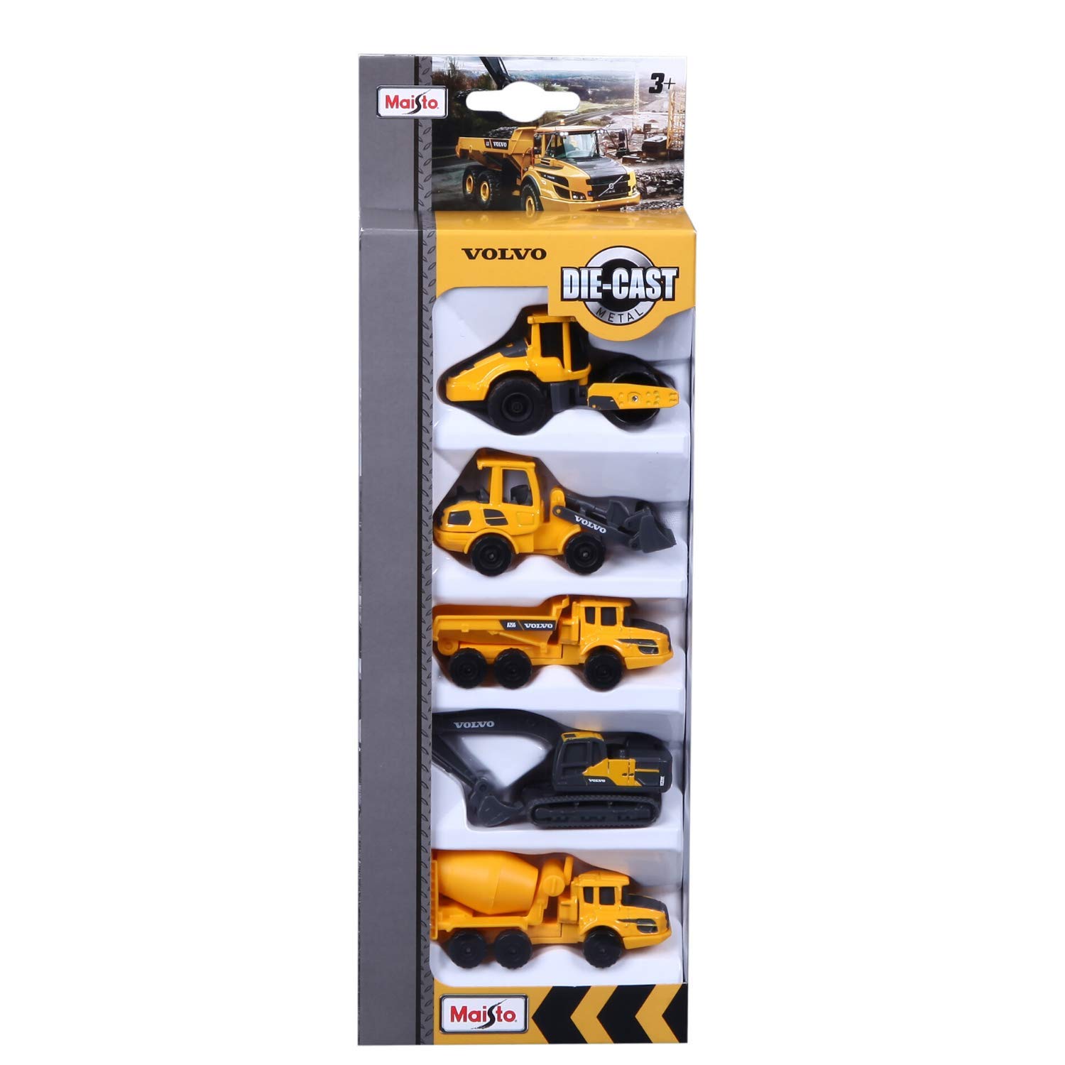 Maisto Mini Working Machines VOLVO CONSTUCTION 5 PACK – Incredibly Detailed Die-Cast Replica Collectible Model, Yellow