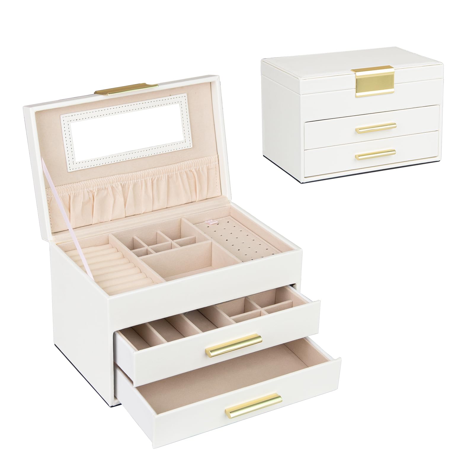Photo 1 of FEIYAN Pull-Out Jewelry Organizer with Mirror - Multi-Layer Compartment Storage Box for Necklaces, Bracelets, Earrings, Travel & Home Use, Holiday Gift