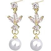 Dainty Pearl Dangle Earrings for Women, Gold Plating CZ Pearl Drop Earrings with Cubic Zirconia Wedding Jewelry for Bridal Anniversaries Prom Party Gift