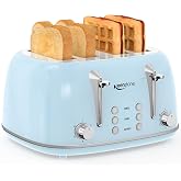 Keenstone Toaster 4 Slice, Retro Stainless Steel Wide Slot Toaster with Dual Independent Controls, 6 Browning Levels, Bagel, Defrost, Reheat &amp; Cancel, Removable Crumb Tray, Blue