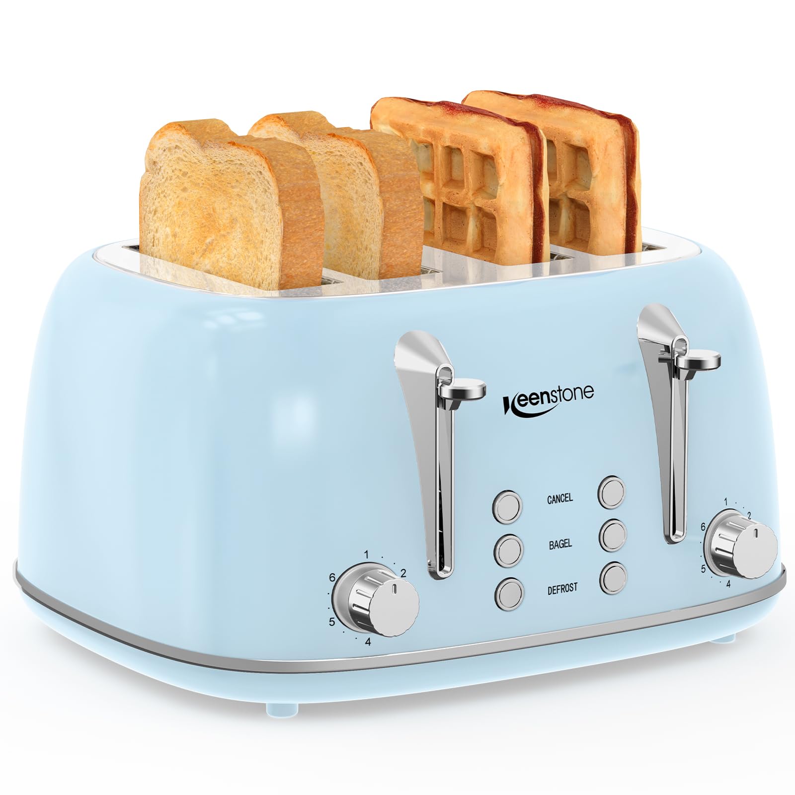 Keenstone Toaster 4 Slice, Retro Stainless Steel Wide Slot Toaster with Dual Independent Controls, 6 Browning Levels, Bagel, Defrost, Reheat & Cancel, Removable Crumb Tray, Blue Image