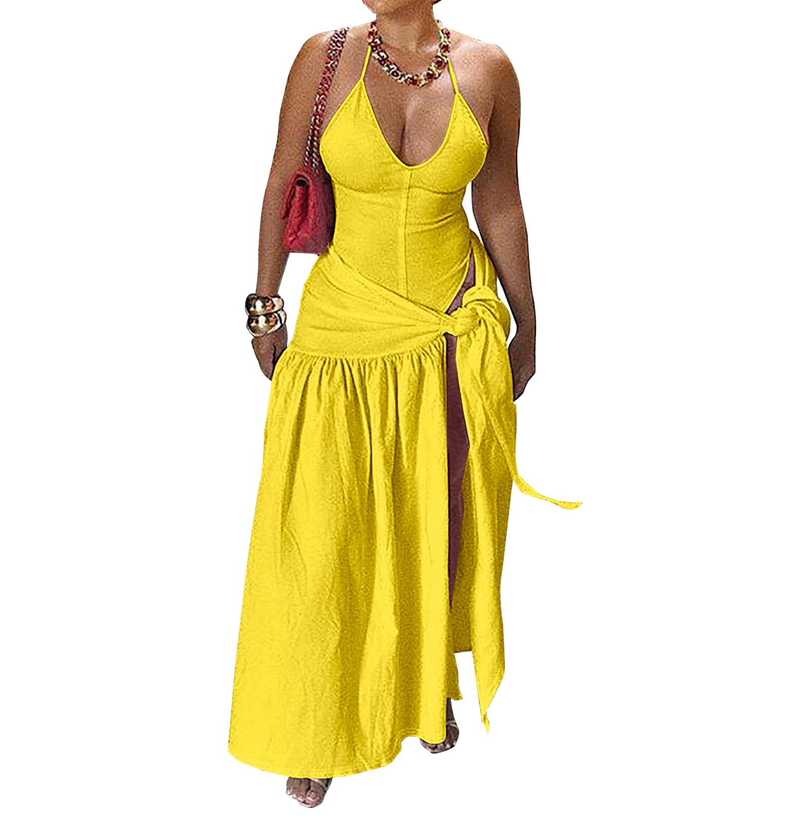 Photo 1 of 2 Piece Maxi Skirt Sets for Women Beach Swimwear Cover Ups Summer Sarong Coverup Wraps Halter Backless Vacation Outfits Yellow