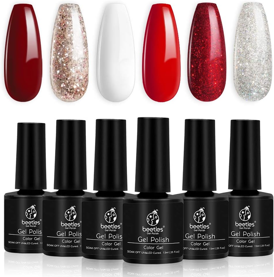 Beetles Candy Cane Gel Nail Polish Set - 6 Colors Glitter Burgundy Red Sparkle Gel Polish Kit Snow White Silver Nail Gel Polish Soak Off LED Gel Nail Kit Vanish Manicure DIY Home Gift Box: Health & Personal Care
