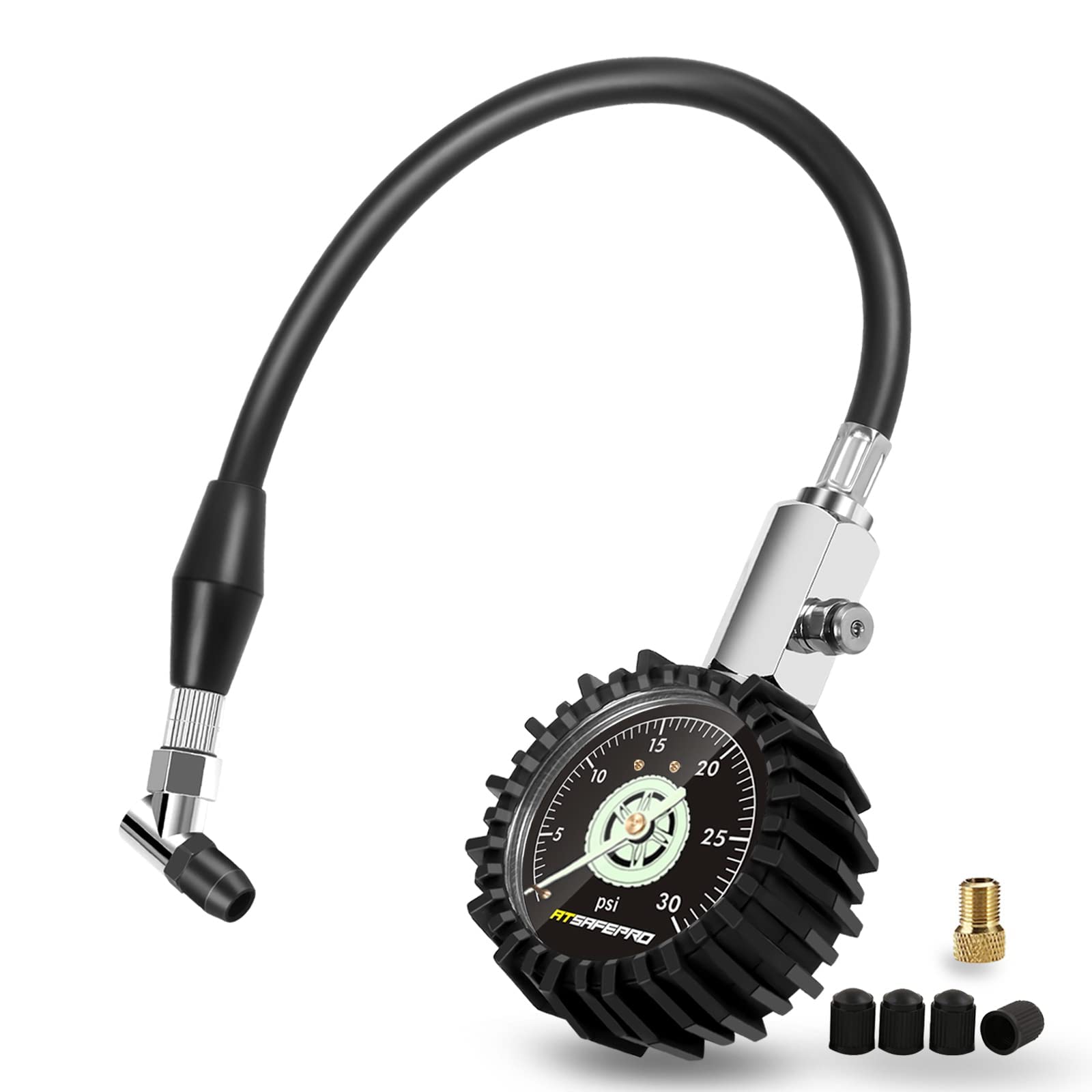 Photo 1 of ATsafepro Low Pressure Tire Gauge to 30PSI, 2.5” Mechanical Tire Gauge with Flexible Hose and Angled Chuck, Analog Air Pressure Gauge Glow in The Dark for ATV, Off Road, Lawn Mower Etc