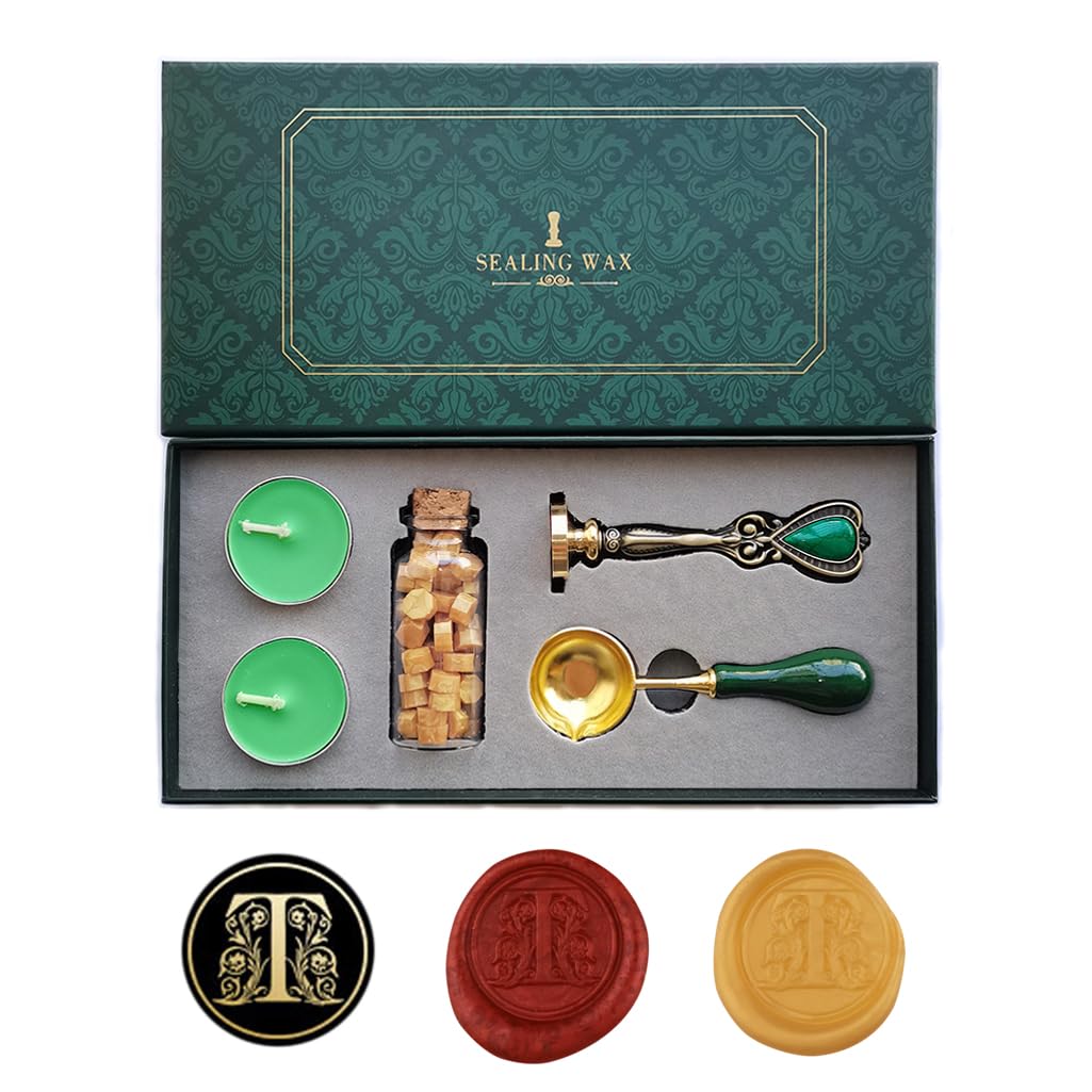 Fancy Letters T Wax Seal Stamp Set, AMTOL European style Seal Stamp Kit Gift Box Set, Vintage Personalized Sealing Stamp for Letter Cards Invitations(T)