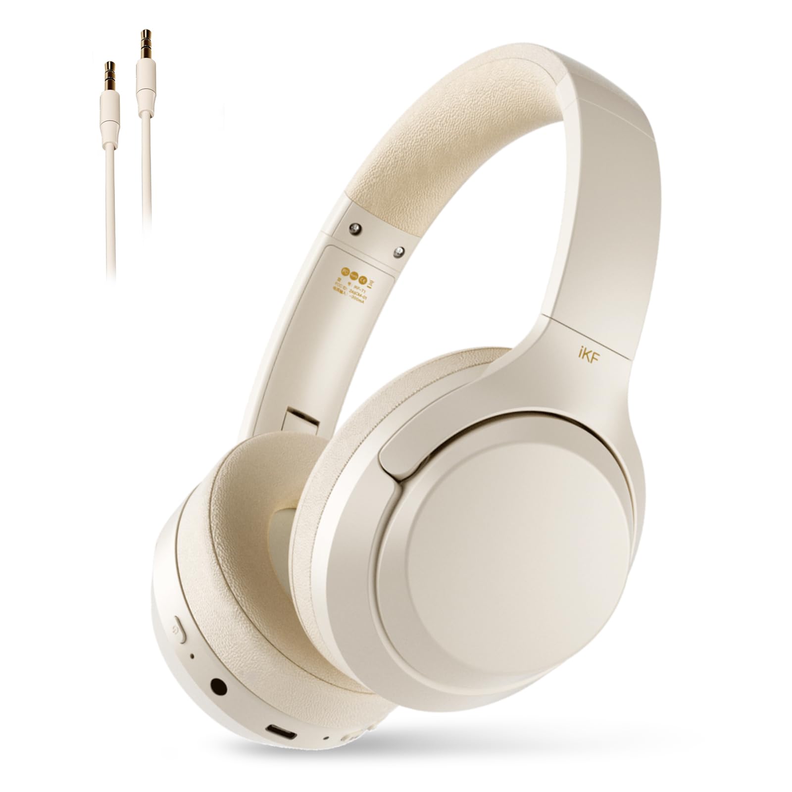 iKF T1 Wireless Headphones, Bluetooth Overhead Headset With Deep Bass, ENC Noise Cancelling Mic, 50H Playtime, Quick Charge, Foldable Lightweight with Multipoint Connection for Work, Travel(Off White)