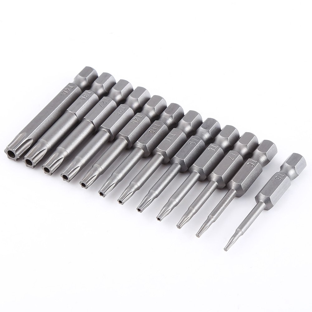 12-piece 50 mm T5 - T40 Long Torx Screwdriver Bits S2 Steel 1/4 Inch Hexagonal Magnetic Shank Screwdriver Bits