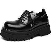 Men's Leather Round Toe Chunky Heel Platform Oxfords Comfortable Classic Lace-Up Non-Slip Lug Sole Block Heel Business Dress Shoes for Work Formal Office