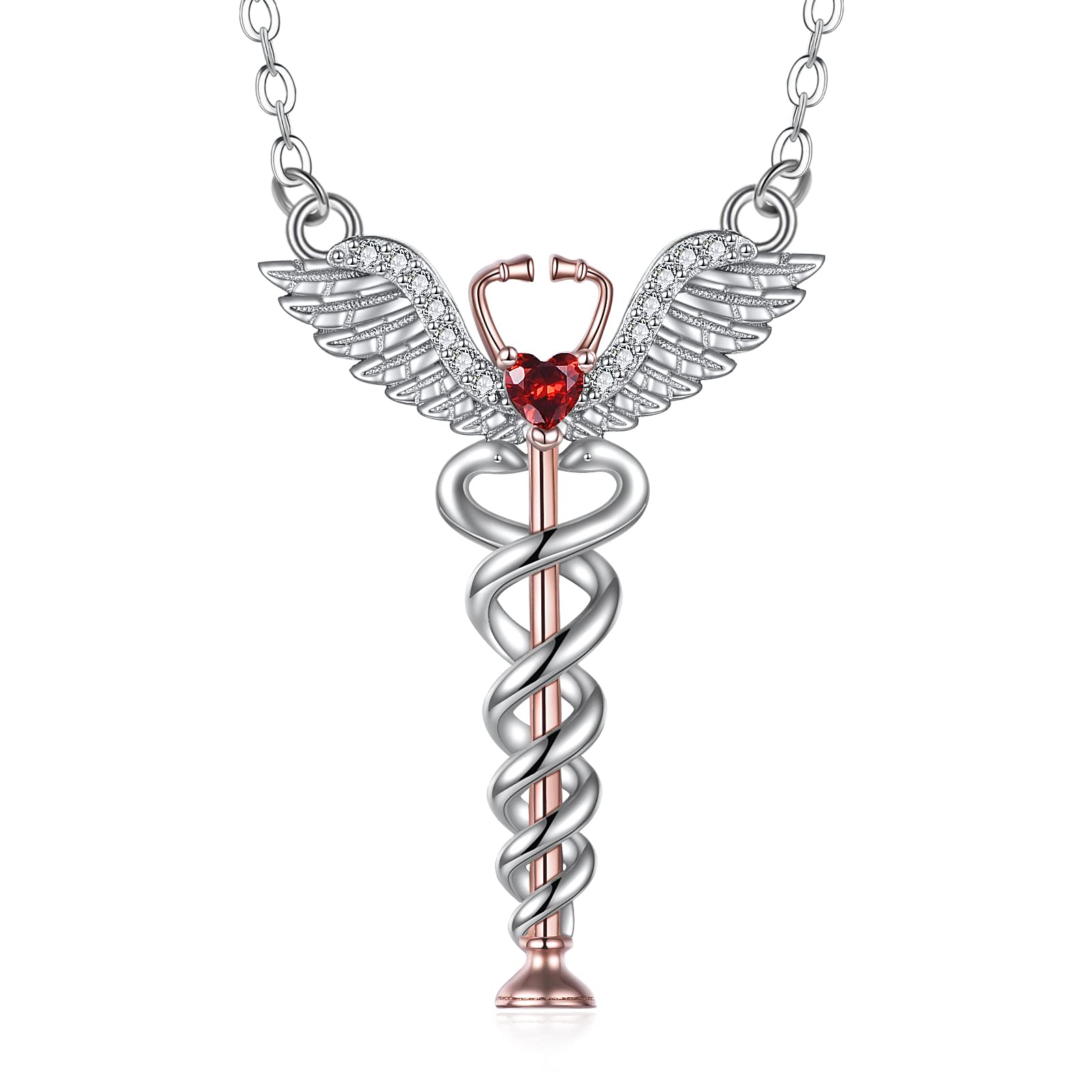 ONEFINITY Nurse Stethoscope Caduceus Pendant Necklace for Women Nurse Doctor Sterling Silver Angel Wings Jewelry Gifts