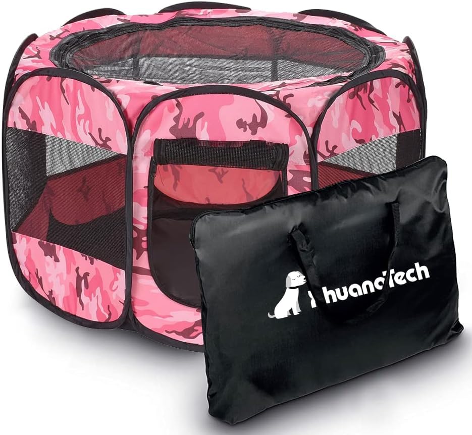 XianghuangTechnology Soft Fabric Portable Foldable Pet Dog Cat Puppy Playpen Indoor Outdoor use Pet Kennel Cage D31.5 Inch x H23 Inch (Camouflage Pink)
