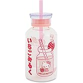 Hello Kitty Sanrio Strawberry Glass Milk Bottle With Straw | Clear Jug For Almond Milk, Juice, Water, Beverages | Holds 15 Ounces