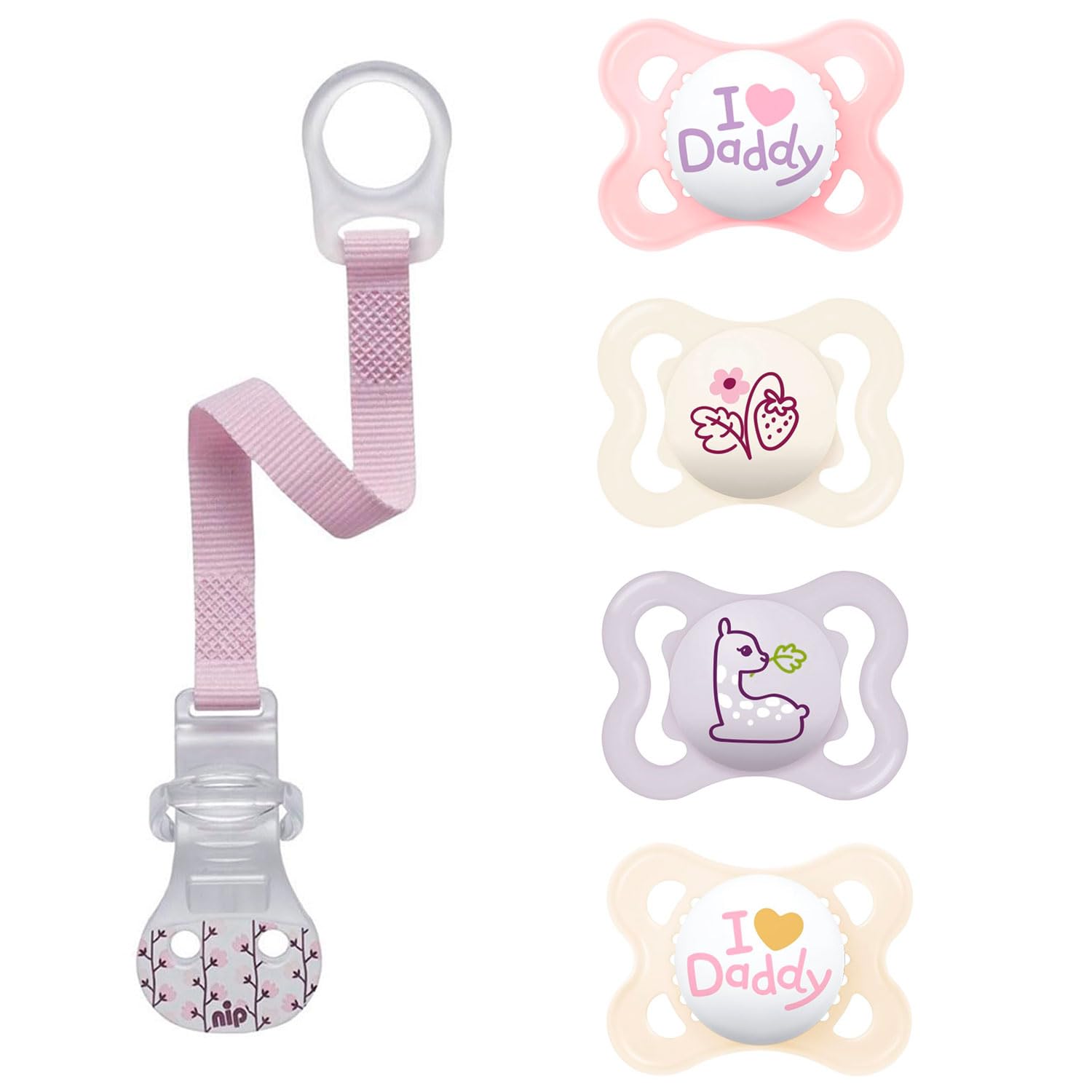 MAM "Skin Soft" silicone dummy / I love mummy & daddy / 0-6 Months Girl / set of 4 / incl. 2 sterilised transport boxes.