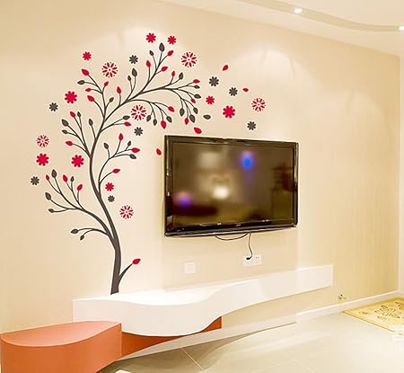 Decals Design Beautiful Magic Tree with Flowers Wall Sticker (PVC Vinyl, 50 cm x 70 cm, Brown and Red)